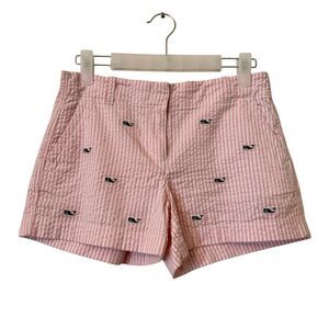 Vineyard Vines Girls Striped Whale Seersucker Adjustable Waist Shorts Pink White